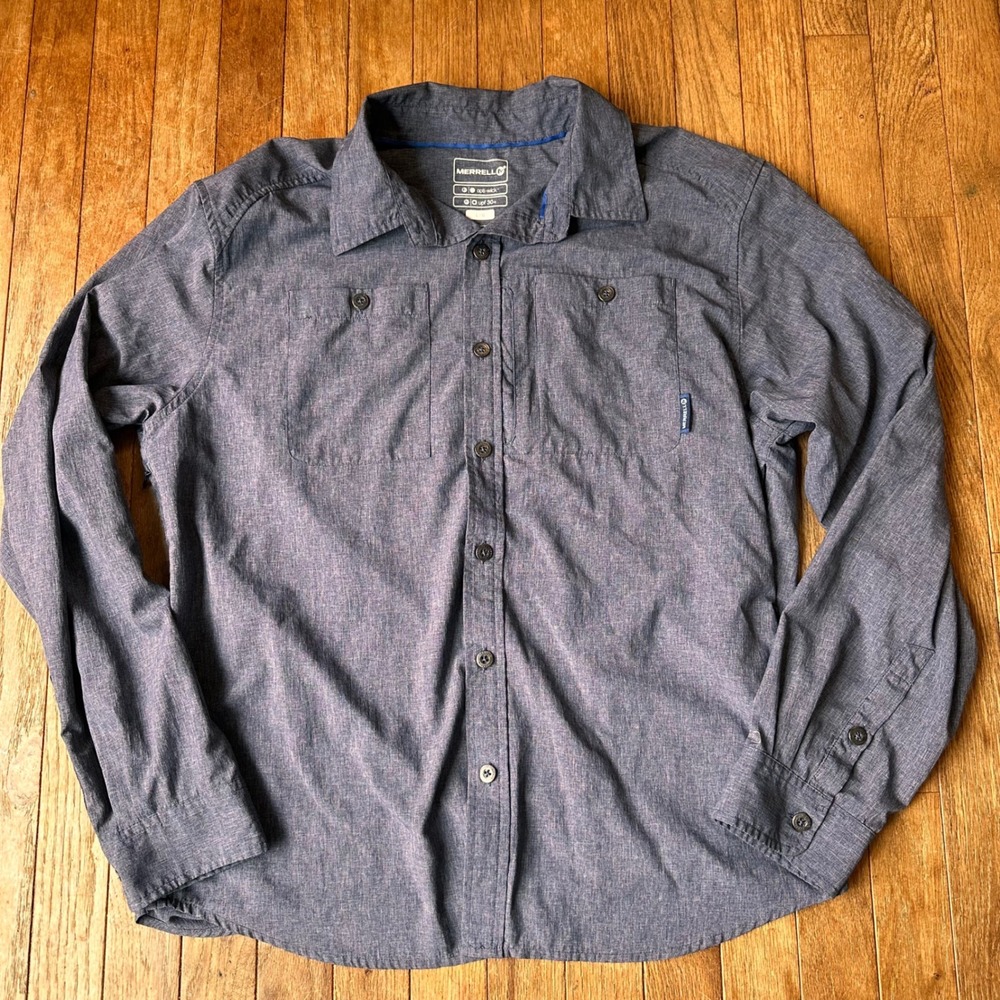Merrell Hiking Shirt Mens Large Opti-Wick UPF 30+ Long Sleeve Blue Gray Modern